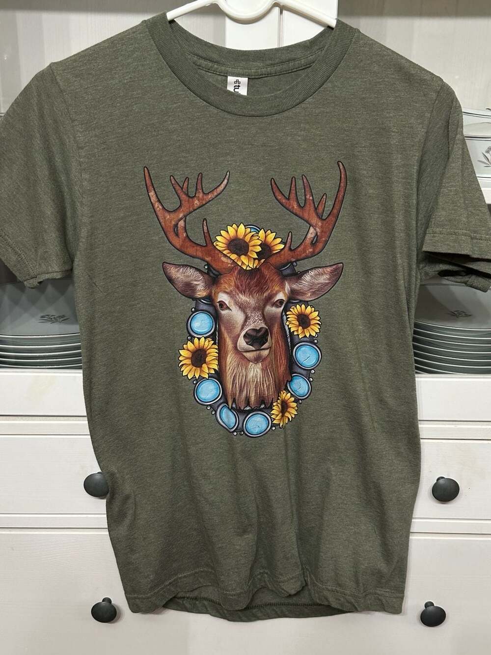 Tultex Deer Head with Sunflowers and Turquoise Stones Green Graphic T-Shirt